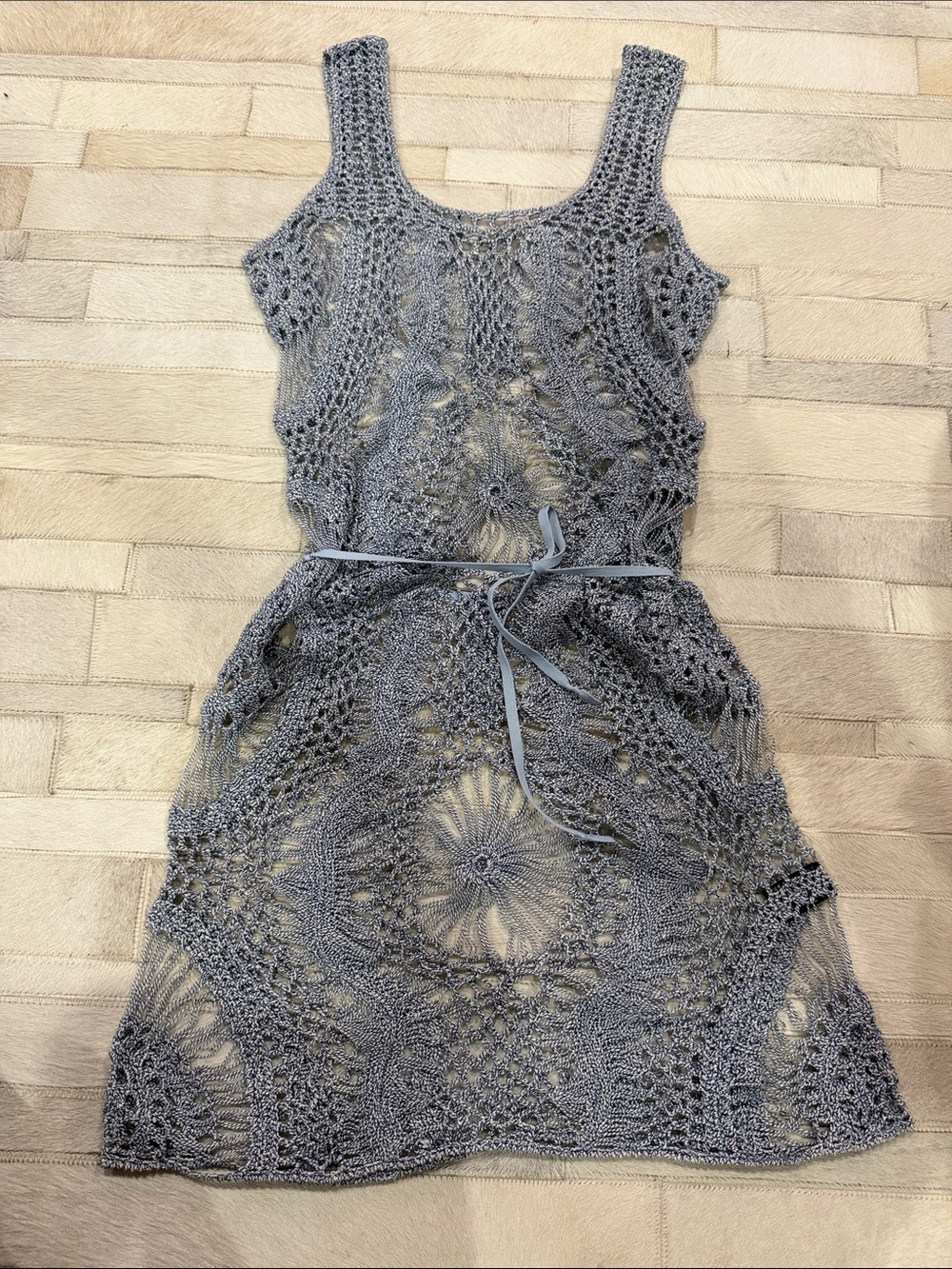 Hand-Crocheted Sleeveless Knit beach  Dress / coverup in Light blue